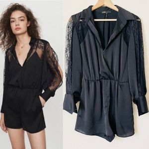 Maje SIZE 1 Ines Lace-paneled Crepe de Chine black playsuit